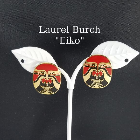 Vintage Laurel Burch "Eiko" Mask Earrings, Red Tribal Pierced Earrings, 1990s - Picture 1 of 10